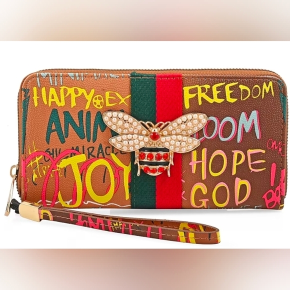 Alba Handbags - Chunma Tan & Multi Color Graffiti Design Vegan Leather Zipper Wristlet Wallet